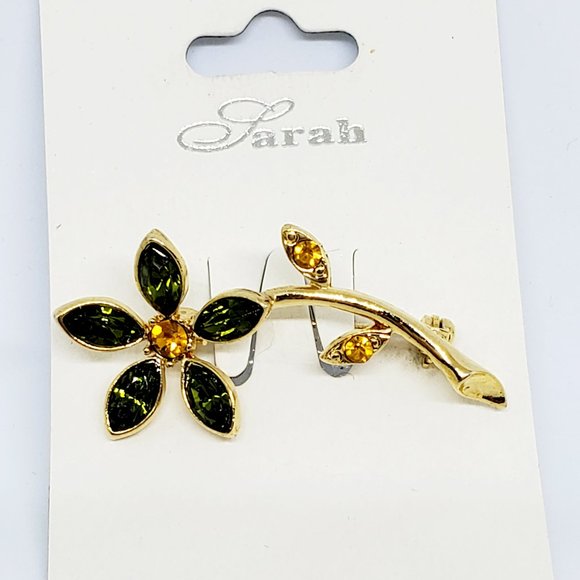 Sarah Green Marquise Crystal Flower Yellow Crystal Leaves Pin Brooch - Picture 1 of 8